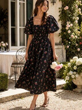 Hill House Matilda Dress Black Ikat Floral Taffeta XS Puff Sleeve Smocked Midi
